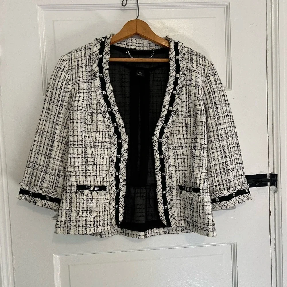 White House Black Market white black tweed v-neck blazer 00